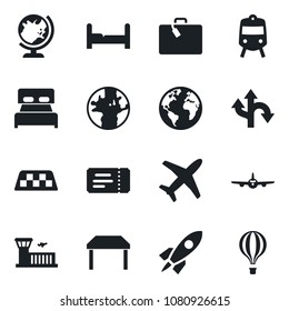 Set of vector isolated black icon - taxi vector, suitcase, train, ticket, globe, plane, airport building, route, earth, bedroom, table, rocket, air balloon