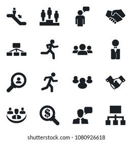 Set of vector isolated black icon - escalator vector, handshake, speaking man, pedestal, run, speaker, group, company, waiter, consumer search, money, hierarchy