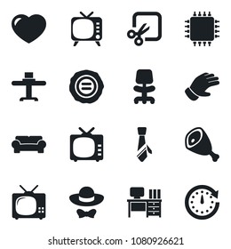 Set of vector isolated black icon - office chair vector, desk, stamp, glove, tv, heart, cut, tie, cushioned furniture, restaurant table, dress code, ham, chip, clock