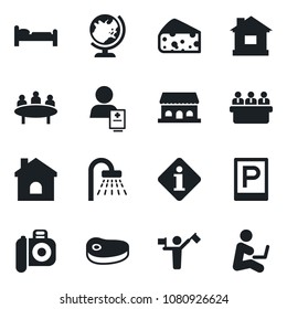 Set of vector isolated black icon - dispatcher vector, parking, globe, bed, shower, meeting, house, patient, camera, cafe building, steak, cheese, information, man with notebook