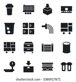Set of vector isolated black icon - trash bin vector, checkroom, watering, railroad, truck trailer, container, consolidated cargo, package, oil barrel, heavy scales, archive box, water filter
