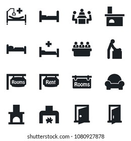 Set of vector isolated black icon - baby room vector, bed, meeting, fireplace, hospital, rent, rooms, bedroom, cushioned furniture, door