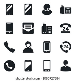 Set of vector isolated black icon - phone vector, mobile, office, 24 hours, support, cell, radio, call, mail