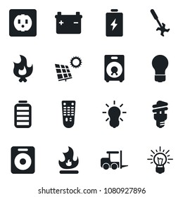 Set of vector isolated black icon - fork loader vector, bulb, fire, ripper, remote control, speaker, battery, sun panel, socket, energy saving, idea