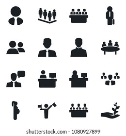 Set of vector isolated black icon - dispatcher vector, team, meeting, manager place, pregnancy, speaker, group, user, estate agent, palm sproute