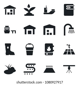 Set of vector isolated black icon - bucket vector, boot, pond, drip irrigation, sea shipping, port, warehouse, bathroom, water heater, warm floor, sprinkler