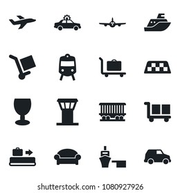 Set of vector isolated black icon - airport tower vector, taxi, baggage conveyor, trolley, train, waiting area, alarm car, plane, railroad, sea shipping, port, fragile, cargo