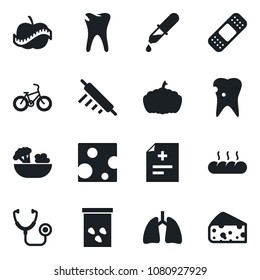 Set of vector isolated black icon - pumpkin vector, seeds, diagnosis, stethoscope, dropper, patch, bike, lungs, caries, diet, salad, bread, rolling pin, cheese