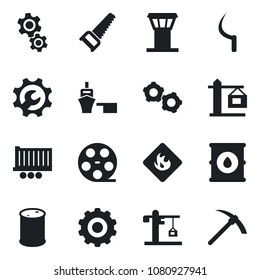 Set of vector isolated black icon - airport tower vector, gear, saw, sickle, truck trailer, sea port, flammable, oil barrel, reel, root setup, crane, hard work