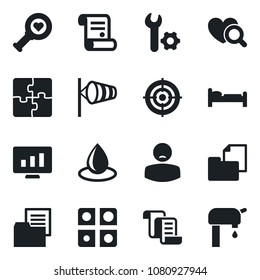 Set of vector isolated black icon - bed vector, wind, contract, statistic monitor, water drop, heart diagnostic, patient, folder document, application, root setup, target, supply
