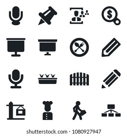 Set of vector isolated black icon - spoon and fork vector, presentation board, pencil, seedling, microphone, paper pin, hr, manager, fence, crane, cook, money search, hierarchy