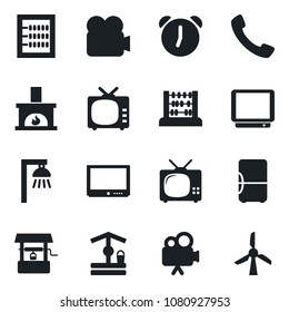 Set of vector isolated black icon - abacus vector, well, tv, video camera, call, alarm, fireplace, outdoor lamp, fridge, windmill