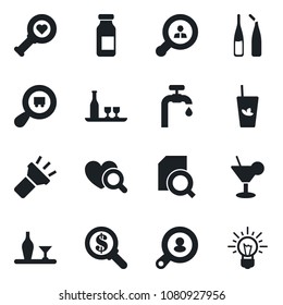 Set of vector isolated black icon - heart diagnostic vector, ampoule, search cargo, torch, document, water supply, client, alcohol, cocktail, phyto bar, money, idea