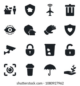Set of vector isolated black icon - plane radar vector, passport control, trash bin, lock, glove, heart shield, umbrella, eye id, water filter, home protect, surveillance, palm sproute