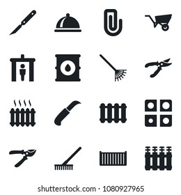 Set of vector isolated black icon - security gate vector, rake, wheelbarrow, pruner, garden knife, scalpel, cargo container, oil barrel, application, paper clip, heater, dish, radiator