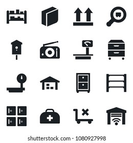 Set of vector isolated black icon - checkroom vector, bird house, doctor case, up side sign, no trolley, heavy scales, search cargo, rack, radio, blank box, archive, warehouse, garage gate control