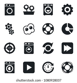 Set of vector isolated black icon - washer vector, gear, circle chart, play button, fast forward, update, target, flower in pot, omelette, clock, crisis management