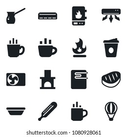 Set of vector isolated black icon - hot cup vector, coffee, fire, fireplace, thermometer, air conditioner, steak, bowl, turkish, water heater, balloon
