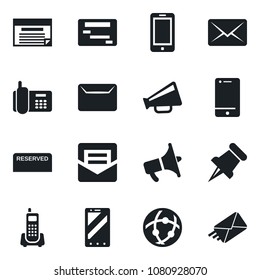 Set of vector isolated black icon - mobile phone vector, office, loudspeaker, cell, paper pin, mail, network, reserved, schedule