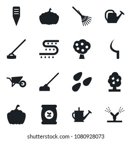 Set of vector isolated black icon - rake vector, watering can, wheelbarrow, hoe, sickle, plant label, pumpkin, seeds, fertilizer, drip irrigation, fruit tree