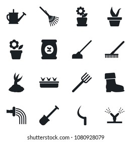 Set of vector isolated black icon - flower in pot vector, shovel, farm fork, rake, seedling, watering can, sproute, boot, hoe, sickle, fertilizer, irrigation