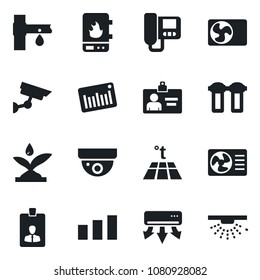 Set of vector isolated black icon - identity card vector, drip irrigation, sorting, barcode, air conditioner, water heater, intercome, filter, warm floor, surveillance, sprinkler