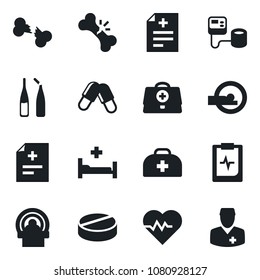 Set of vector isolated black icon - heart pulse vector, doctor case, diagnosis, blood pressure, pills, ampoule, tomography, hospital bed, broken bone, clipboard