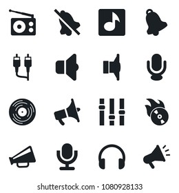 Set of vector isolated black icon - vinyl vector, flame disk, radio, speaker, loudspeaker, settings, microphone, headphones, rca, bell, mute, music, sound, advertising