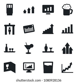 Set of vector isolated black icon - security gate vector, growth statistic, monitor, barcode, statistics, bar graph, alcohol, wine card, drink, cocktail, beer, arrow up