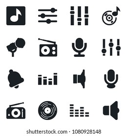Set of vector isolated black icon - vinyl vector, microphone, radio, speaker, settings, equalizer, tuning, bell, music, sound