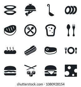 Set of vector isolated black icon - spoon and fork vector, cafe, plates, bacon, waiter, bread, steak, hamburger, ladle, sushi, cheese