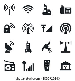 Set of vector isolated black icon - antenna vector, office phone, satellite, radio, remote control, cellular signal, wireless, lock, garage gate