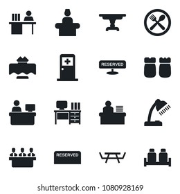 Set of vector isolated black icon - reception vector, medical room, desk, manager place, picnic table, lamp, meeting, restaurant, cafe, reserved, salt and pepper