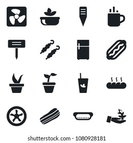 Set of vector isolated black icon - hot cup vector, seedling, plant label, phyto bar, salad, bacon, bread, kebab, dog, fan, fridge, palm sproute