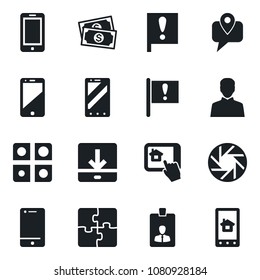 Set of vector isolated black icon - mobile phone vector, identity card, important flag, cash, tracking, cell, camera, user, download, application, home control app