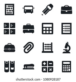 Set of vector isolated black icon - airport bus vector, checkroom, book, calculator, abacus, microscope, case, paper clip, pencil, stapler