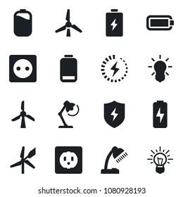 Set of vector isolated black icon - low battery vector, protect, charge, desk lamp, windmill, socket, bulb, idea