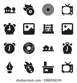 Set of vector isolated black icon - alarm clock vector, tv, abacus, fireplace, vinyl, flame disk, gallery, ink pen, house with tree