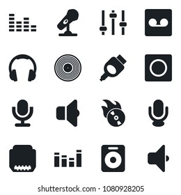 Set of vector isolated black icon - vinyl vector, flame disk, microphone, equalizer, headphones, speaker, hdmi, tuning, record, sound