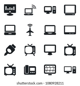 Set of vector isolated black icon - plane radar vector, wireless notebook, statistic monitor, pulse, tv, laptop pc, hdmi, intercome