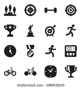 Set of vector isolated black icon - pedestal vector, medal, barbell, bike, run, clock, stopwatch, target, award cup