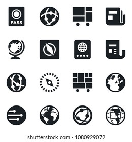 Set of vector isolated black icon - passport vector, globe, earth, consolidated cargo, news, network, compass