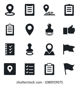 Set of vector isolated black icon - stamp vector, navigation, pin, clipboard, finger up, place tag, checklist, flag