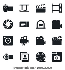 Set of vector isolated black icon - ticket vector, office, clapboard, film frame, reel, video camera, mobile, photo gallery