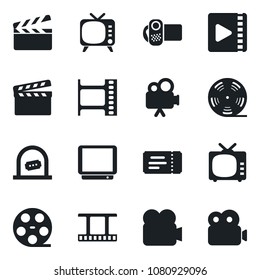 Set of vector isolated black icon - ticket vector, office, clapboard, film frame, reel, tv, video camera