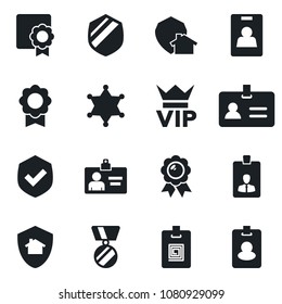 Set of vector isolated black icon - vip vector, identity, card, medal, shield, sertificate, home protect, police, pass