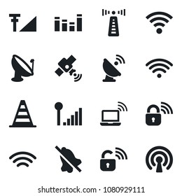 Set of vector isolated black icon - antenna vector, wireless notebook, border cone, satellite, equalizer, mute, cellular signal, lock