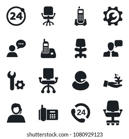 Set of vector isolated black icon - 24 around vector, office chair, phone, hours, support, speaker, radio, root setup, palm sproute