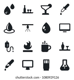 Set of vector isolated black icon - hot cup vector, water drop, dropper, flammable, monitor, alcohol, drink, cocktail, sprinkler, flask