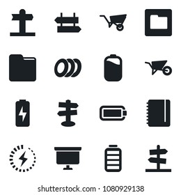Set of vector isolated black icon - signpost vector, notepad, presentation board, wheelbarrow, battery, folder, charge, plates, guidepost